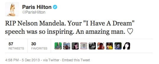 Tweet von @ParisHilton, indem sie die 'I have a dream'-Rede Nelson Mandela zuschreibt